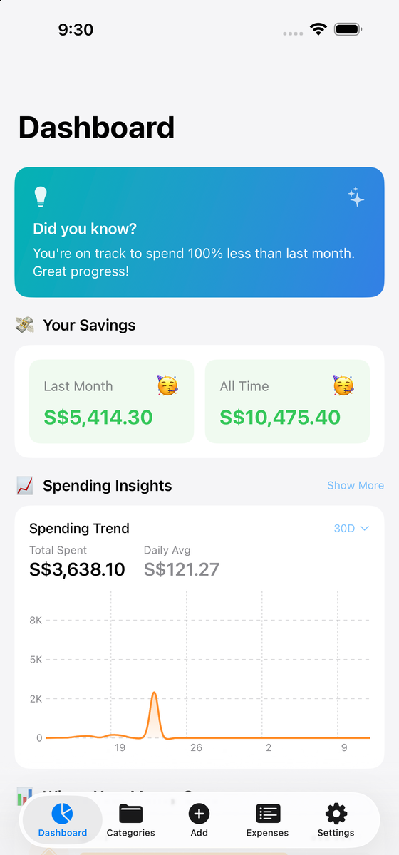 Kanjō on iPhone, showing the month's spending and savings