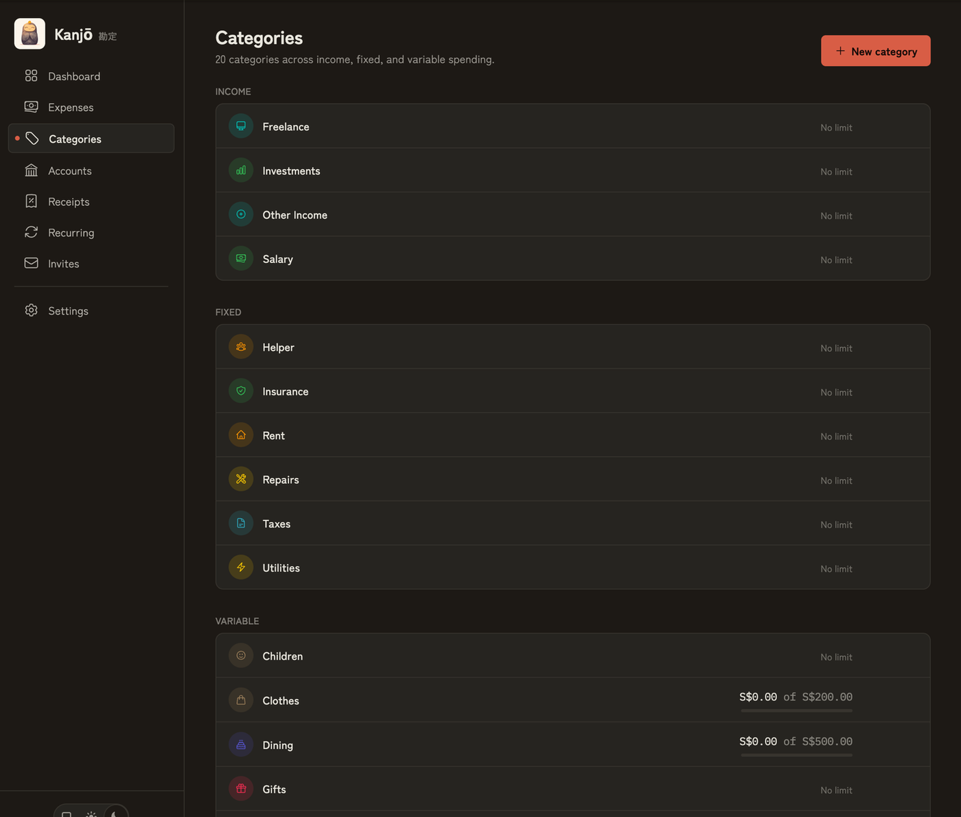 Kanjō in dark mode